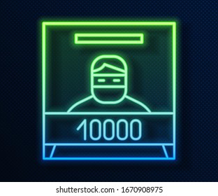 Glowing neon line Wanted poster icon isolated on blue background. Reward money. Dead or alive crime outlaw.  Vector Illustration