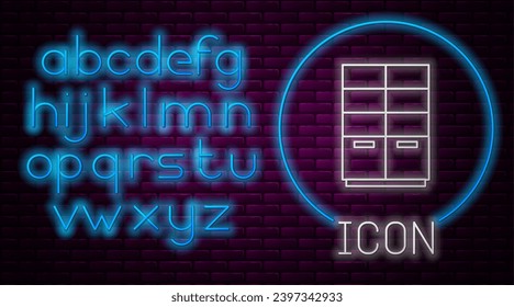 Glowing neon line Wardrobe icon isolated on brick wall background. Neon light alphabet. Vector