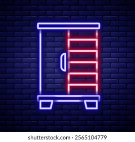 Glowing neon line Wardrobe icon isolated on brick wall background. Cupboard sign. Colorful outline concept. Vector