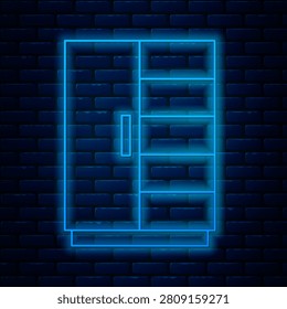 Glowing neon line Wardrobe icon isolated on brick wall background.  Vector