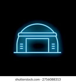 Glowing neon line warehouse building icon isolated on black background, vector illustration