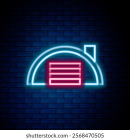 Glowing neon line Warehouse icon isolated on brick wall background. Colorful outline concept. Vector