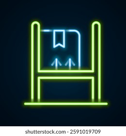 Glowing neon line Warehouse interior with boxes on racks icon isolated on black background. Logistics, cargo, parcel storage postal service. Colorful outline concept. Vector