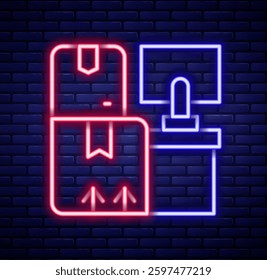 Glowing neon line Warehouse interior with boxes on racks icon isolated on brick wall background. Logistics, cargo, parcel storage postal service. Colorful outline concept. Vector