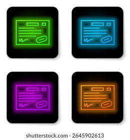 Glowing neon line Warranty certificate template icon isolated on white background. Black square button. Vector Illustration