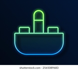 Glowing neon line Washbasin with water tap icon isolated on blue background.  Vector