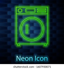 Glowing neon line Washer icon isolated on brick wall background. Washing machine icon. Clothes washer - laundry machine. Home appliance symbol.  Vector Illustration