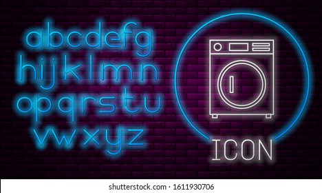 Glowing neon line Washer icon isolated on brick wall background. Washing machine icon. Clothes washer - laundry machine. Home appliance symbol. Neon light alphabet. Vector Illustration