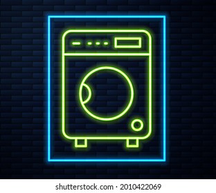 Glowing neon line Washer icon isolated on brick wall background. Washing machine icon. Clothes washer - laundry machine. Home appliance symbol.  Vector