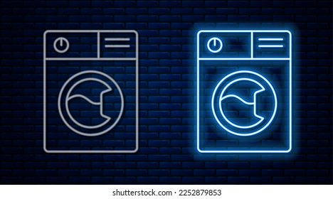 Glowing neon line Washer icon isolated on brick wall background. Washing machine icon. Clothes washer - laundry machine. Home appliance symbol.  Vector