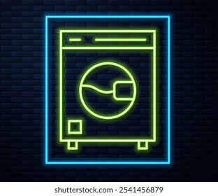 Glühende Neonlinie Waschmaschine Symbol einzeln auf Ziegelsteinwand Hintergrund. Symbol der Waschmaschine. Waschmaschine - Waschmaschine. Symbol für Hausgeräte.  Vektorgrafik