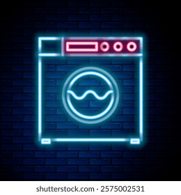 Glowing neon line Washer icon isolated on brick wall background. Washing machine icon. Clothes washer - laundry machine. Home appliance symbol. Colorful outline concept. Vector