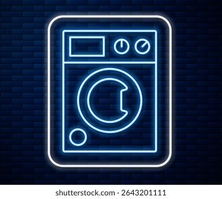Glowing neon line Washer icon isolated on brick wall background. Washing machine icon. Clothes washer - laundry machine. Home appliance symbol.  Vector