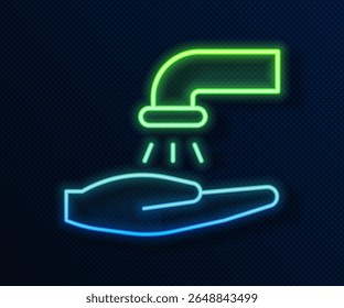 Glowing neon line Washing hands with soap icon isolated on blue background. Washing hands with soap to prevent virus and bacteria.  Vector Illustration