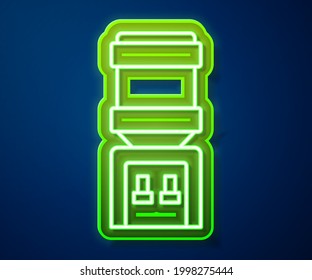 Glowing neon line Water cooler for office and home icon isolated on blue background. Water dispenser. Bottle office, plastic and liquid.  Vector