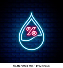 Glowing neon line Water drop percentage icon isolated on brick wall background. Humidity analysis. Colorful outline concept. Vector