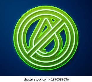 Glowing neon line Water drop forbidden icon isolated on blue background. No water sign.  Vector