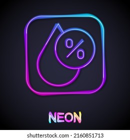 Glowing neon line Water drop percentage icon isolated on black background. Humidity analysis.  Vector