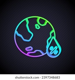 Glowing neon line Water drop percentage icon isolated on black background. Humidity analysis.  Vector