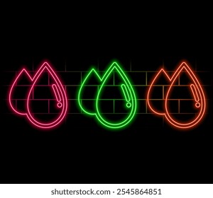 Icono de gota de agua de línea de neón brillante aislado sobre fondo negro. Vector.