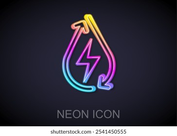 Linha de neon brilhante Ícone de energia da água isolado no fundo preto. Conceito de ecologia com gota de água. Conceito de energia alternativa.  Vetor