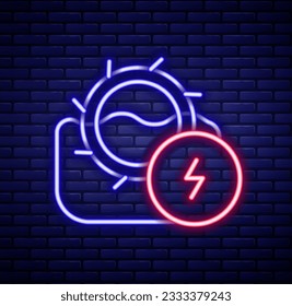 Glowing neon line Water mill icon isolated on brick wall background. Water wheel energy. Hydro power turbine wheel. Colorful outline concept. Vector