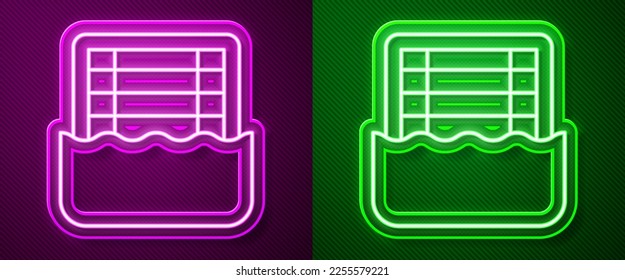 Glowing neon line Water polo icon isolated on purple and green background.  Vector