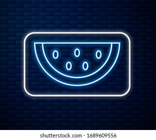 Glowing neon line Watermelon icon isolated on brick wall background.  Vector Illustration