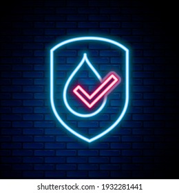 Glowing neon line Waterproof icon isolated on brick wall background. Water resistant or liquid protection concept. Colorful outline concept. Vector