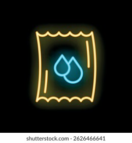 Glowing neon line waterproof icon isolated on black background, symbol of waterproof technology for clothes or other textile fabric