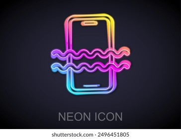 Glowing neon line Waterproof mobile phone icon isolated on black background. Smartphone with drop of water.  Vector