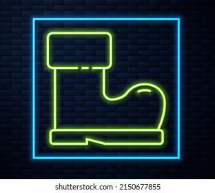 Glowing neon line Waterproof rubber boot icon isolated on brick wall background. Gumboots for rainy weather, fishing, gardening.  Vector Illustration