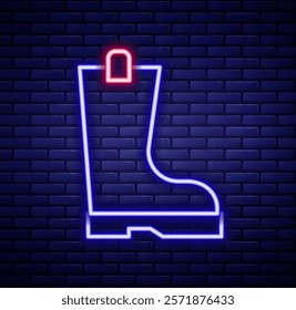 Glowing neon line Waterproof rubber boot icon isolated on brick wall background. Gumboots for rainy weather, fishing, gardening. Colorful outline concept. Vector