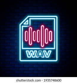 Glowing neon line WAV file document. Download wav button icon isolated on brick wall background. WAV waveform audio file format for digital audio riff files. Colorful outline concept. Vector