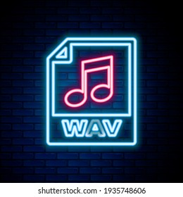 Glowing neon line WAV file document. Download wav button icon isolated on brick wall background. WAV waveform audio file format for digital audio riff files. Colorful outline concept. Vector
