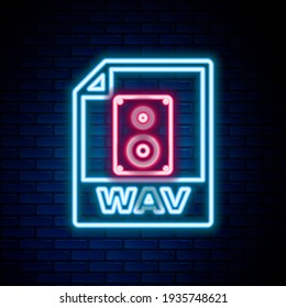 Glowing neon line WAV file document. Download wav button icon isolated on brick wall background. WAV waveform audio file format for digital audio riff files. Colorful outline concept. Vector