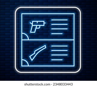 Línea de neón brillante Icono de catálogo de armas aislado en fondo de pared de ladrillo. Armamento policial o militar. Un pequeño arma de fuego.  Vector
