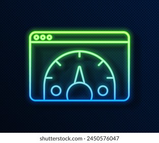 Glowing neon line Web analytics information and development website statistic icon isolated on blue background. Analysis, management, marketing, research.  Vector