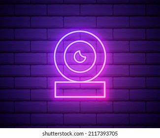 Glowing neon line Web camera icon isolated on brick wall background. Chat camera. Webcam icon. Colorful outline concept. Vector.