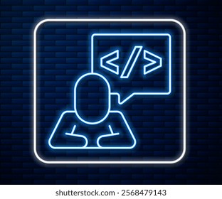 Glowing neon line Web design and front end development icon isolated on brick wall background.  Vector