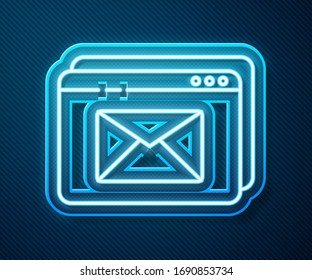 Glowing neon line Website and envelope, new message, mail icon isolated on blue background. Usage for e-mail newsletters, headers, blog posts.  Vector Illustration
