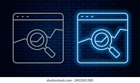 Glowing neon line Website with stocks market growth graphs and money icon isolated on brick wall background. Monitor with stock charts arrow on screen.  Vector