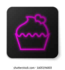 Glowing neon line Wedding cake with heart icon isolated on white background. Valentines day symbol. Black square button. Vector Illustration