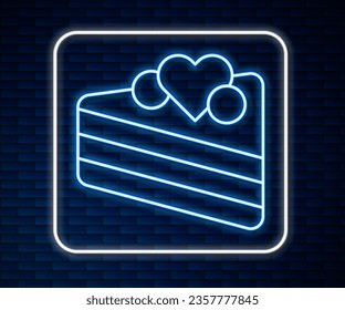 Glowing neon line Wedding cake with heart icon isolated on brick wall background. Happy Valentines day.  Vector