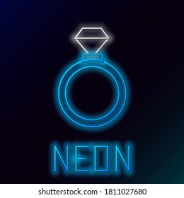 Glowing neon line Wedding rings icon isolated on black background. Bride and groom jewelry sign. Marriage symbol. Diamond ring. Colorful outline concept. Vector