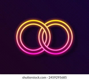 Glowing neon line Wedding rings icon isolated on black background. Bride and groom jewelry sign. Marriage symbol. Diamond ring.  Vector