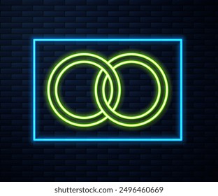 Glowing neon line Wedding rings icon isolated on brick wall background. Bride and groom jewelry sign. Marriage symbol. Diamond ring.  Vector