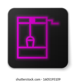 Glowing neon line Well with a bucket and drinking water icon isolated on white background. Black square button. Vector Illustration