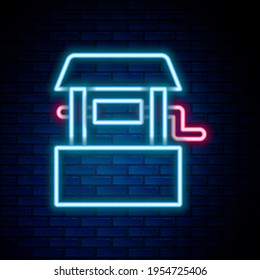 Glowing neon line Well icon isolated on brick wall background. Colorful outline concept. Vector