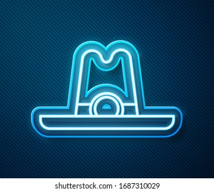 Glowing neon line Western cowboy hat icon isolated on blue background.  Vector Illustration